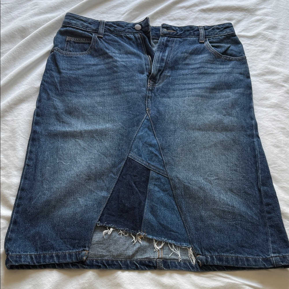 Denim Midi Skirt with Frayed Hem